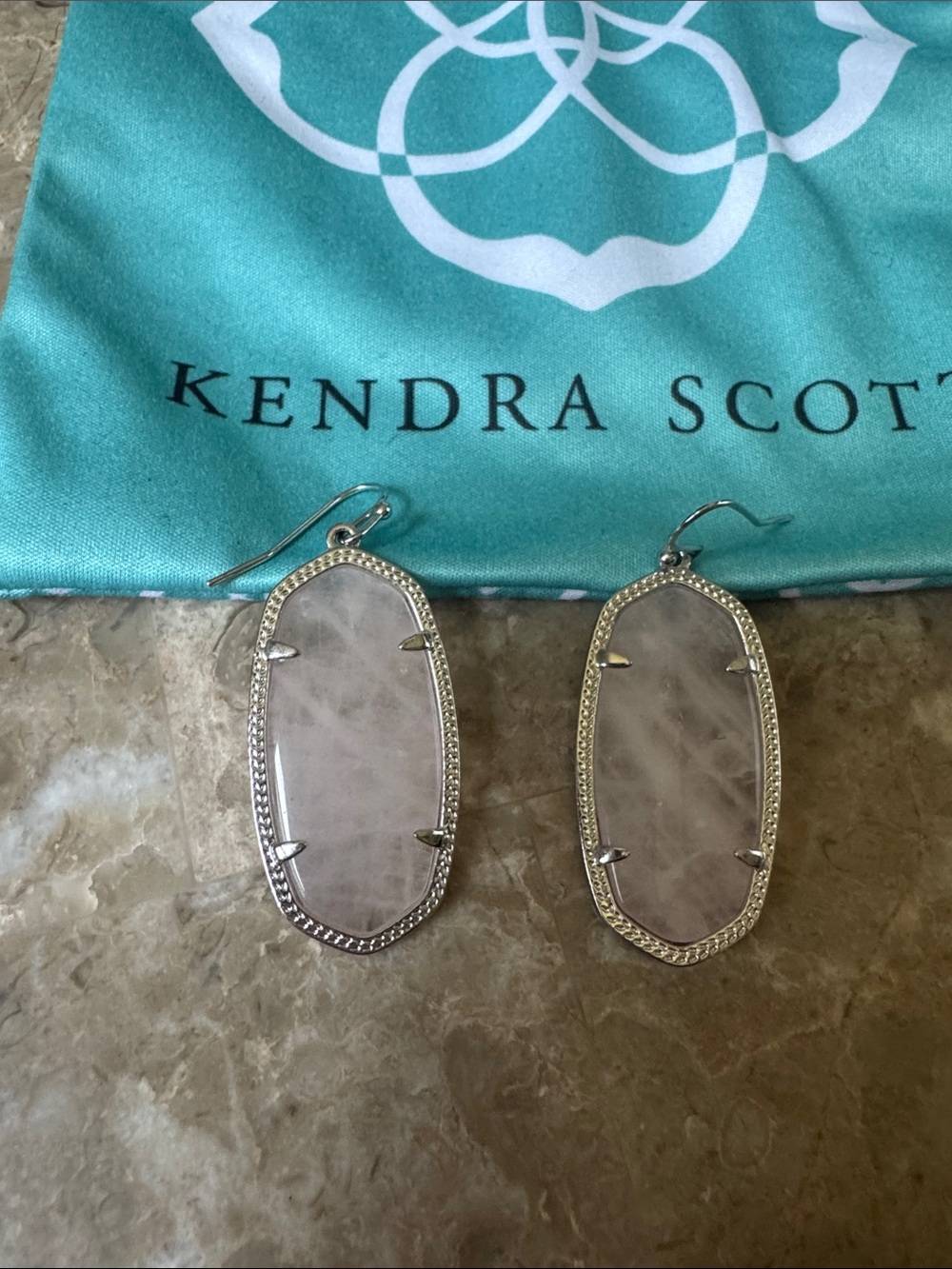 Medium Kendra Scott Rose Quartz Elongated Silver Drop Earrings